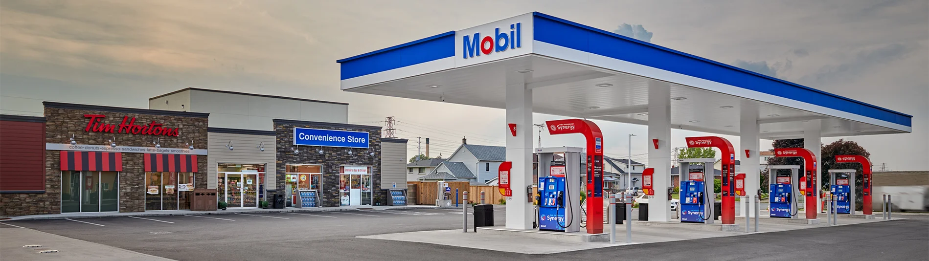 Mobil gas station with convenience store and Tim Hortons.